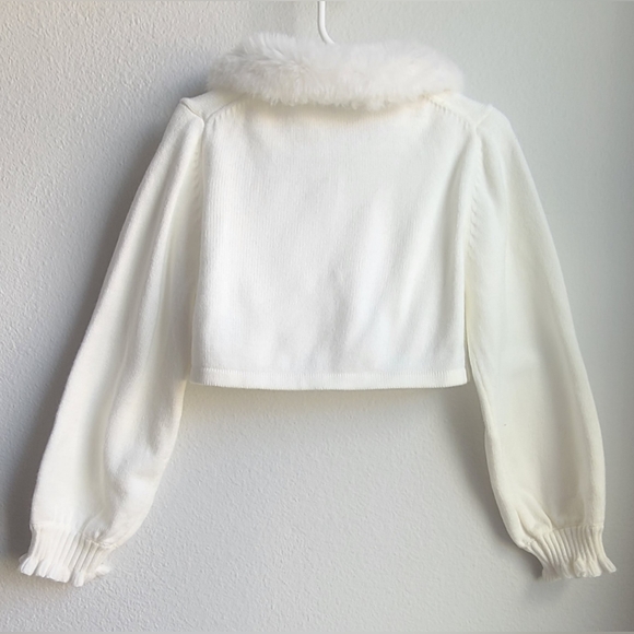 Janie & Jack - Girl's White Faux Flur Collard Cropped Cardigan, Sz 6 - Picture 3 of 3